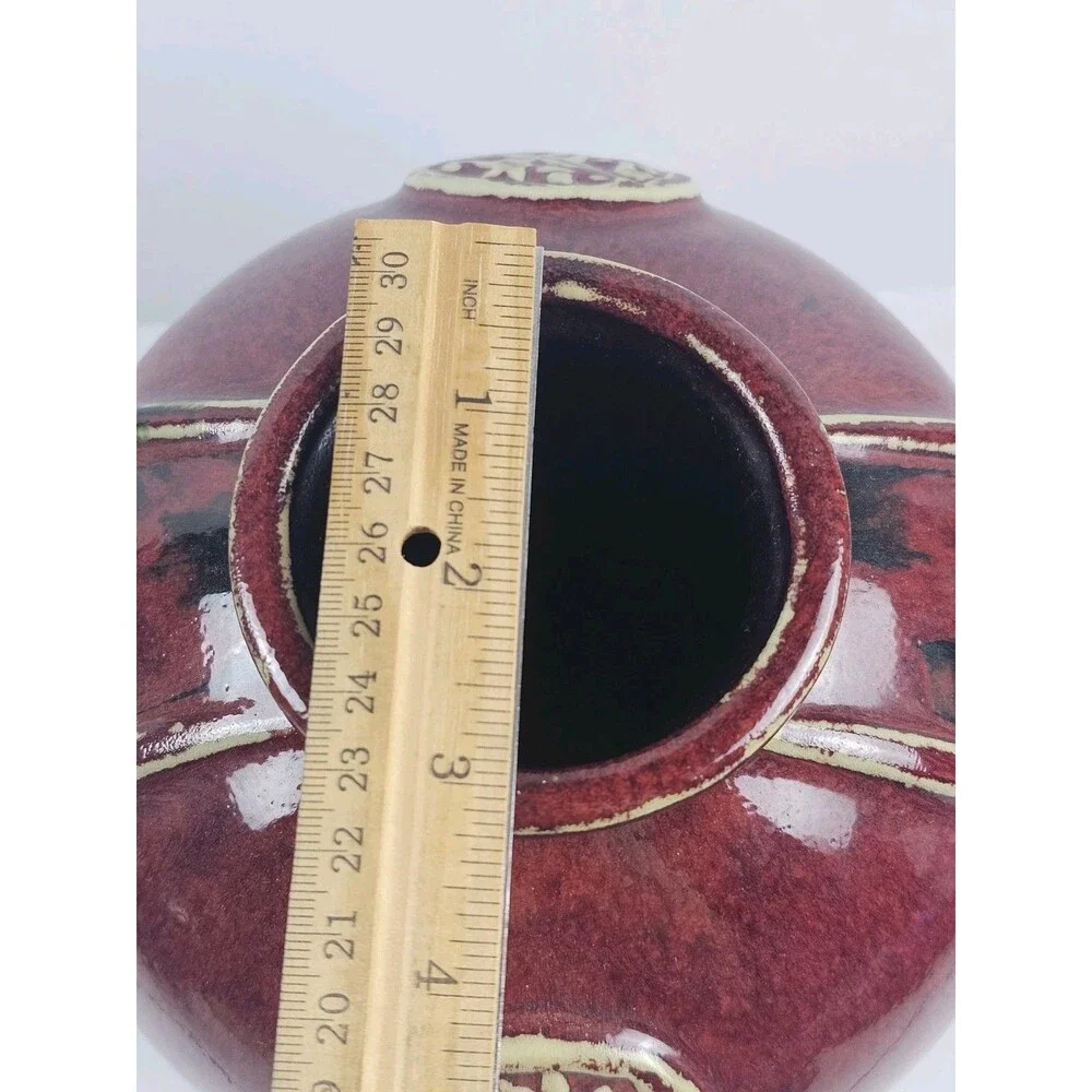 Vintage Oxblood Chinese Medallion Large Round Red Glossy Stoneware Vase